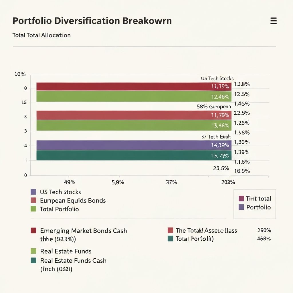 Análisis de componentes de cartera diversificada: acciones internacionales, bonos de gobierno, fondos inmobiliarios y efectivo en proporciones equilibradas