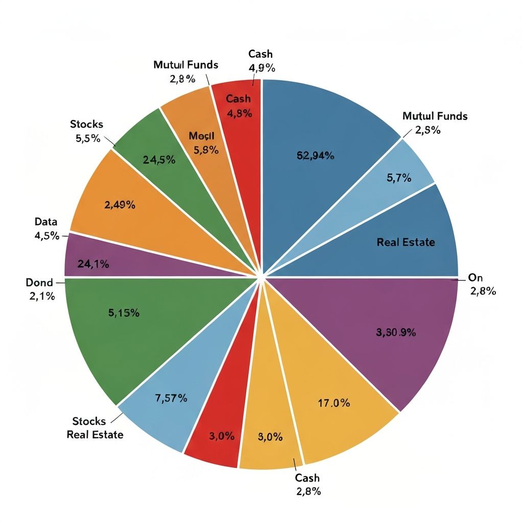 Portafolio diversificado con acciones, bonos y activos alternativos organizados en secciones visuales